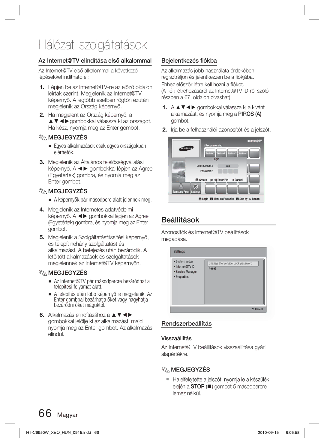 Samsung HT-C9950W/XEE manual Beállítások, Az Internet@TV elindítása első alkalommal, Magyar Bejelentkezés ﬁókba 