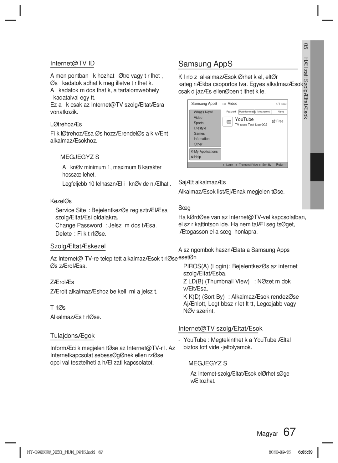 Samsung HT-C9950W/XEE manual Samsung AppS, Internet@TV ID, Szolgáltatáskezelő, Tulajdonságok, Internet@TV szolgáltatások 