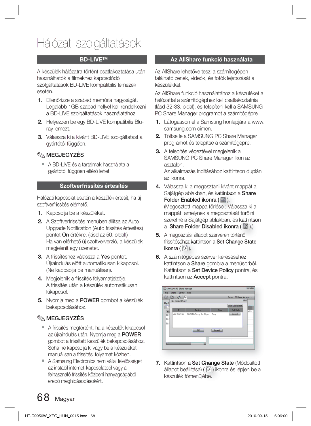 Samsung HT-C9950W/XEE manual Hálózati szolgáltatások, Szoftverfrissítés értesítés 