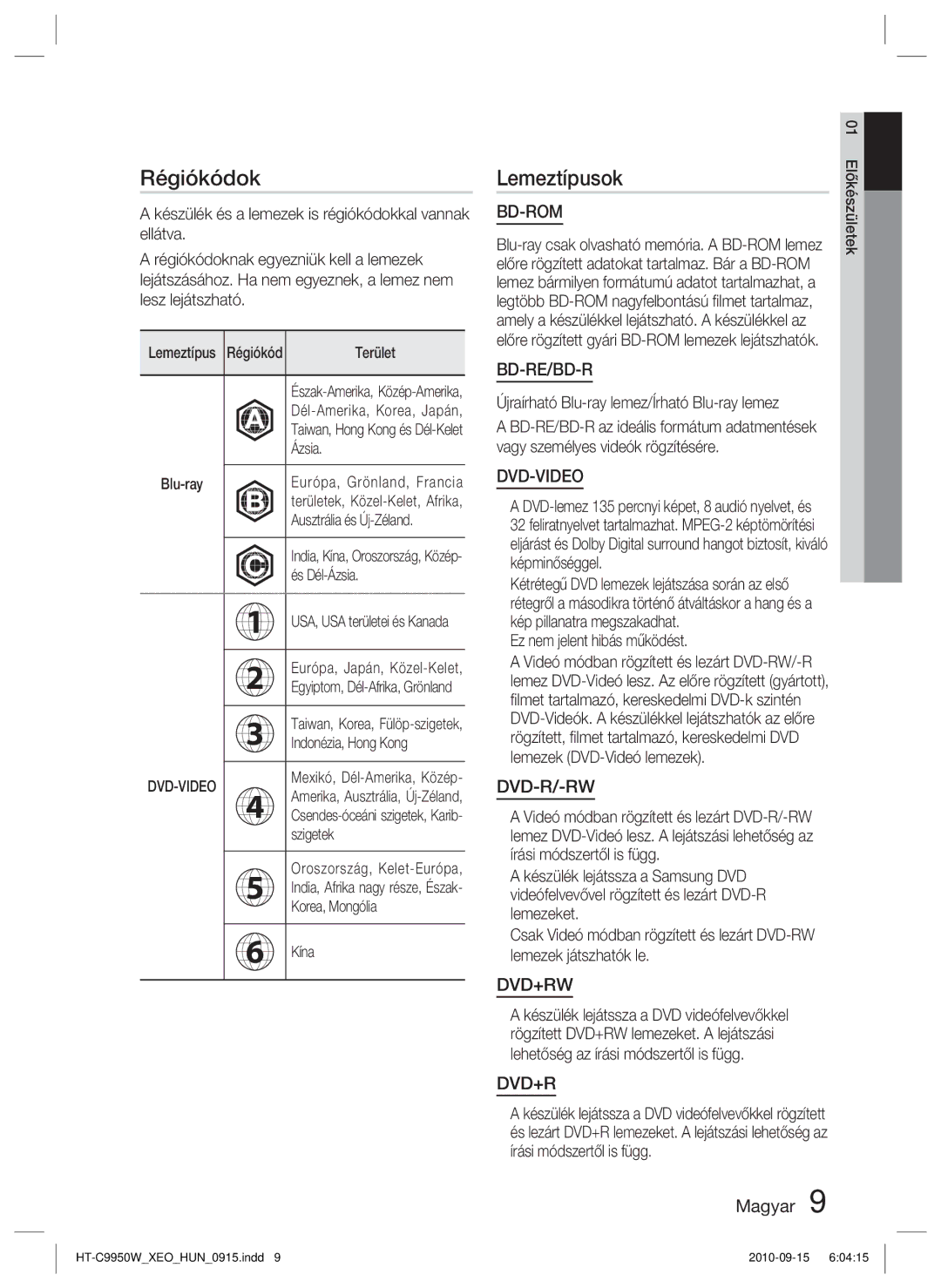 Samsung HT-C9950W/XEE manual Régiókódok, Lemeztípusok 