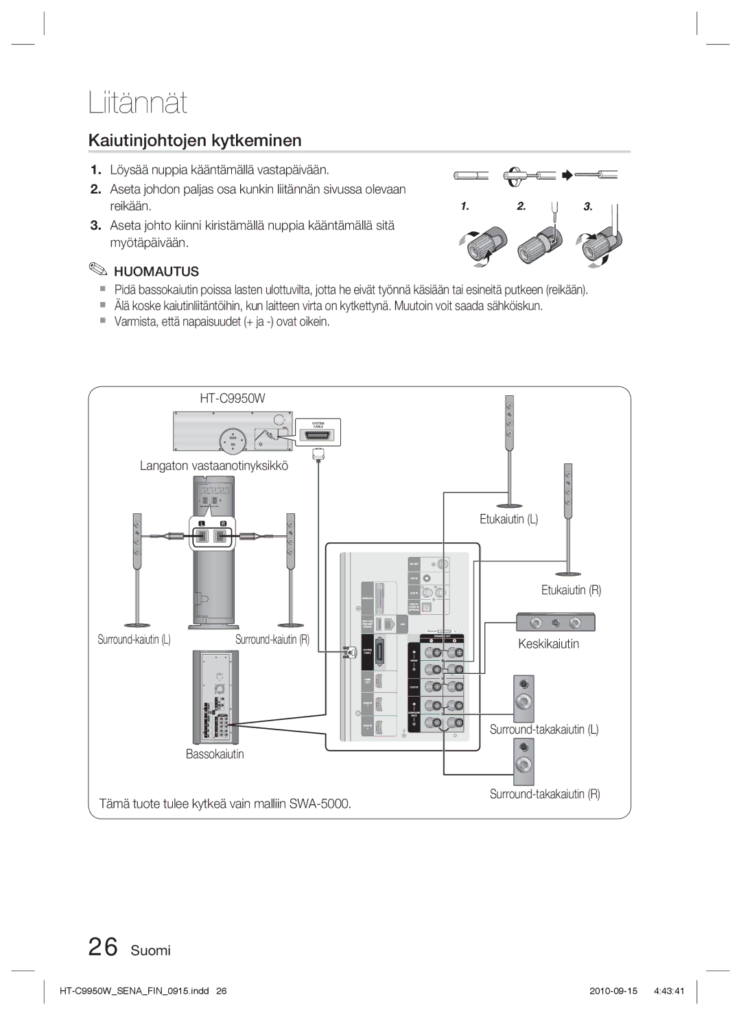 Samsung HT-C9950W/XEF, HT-C9950W/XEE manual Kaiutinjohtojen kytkeminen 