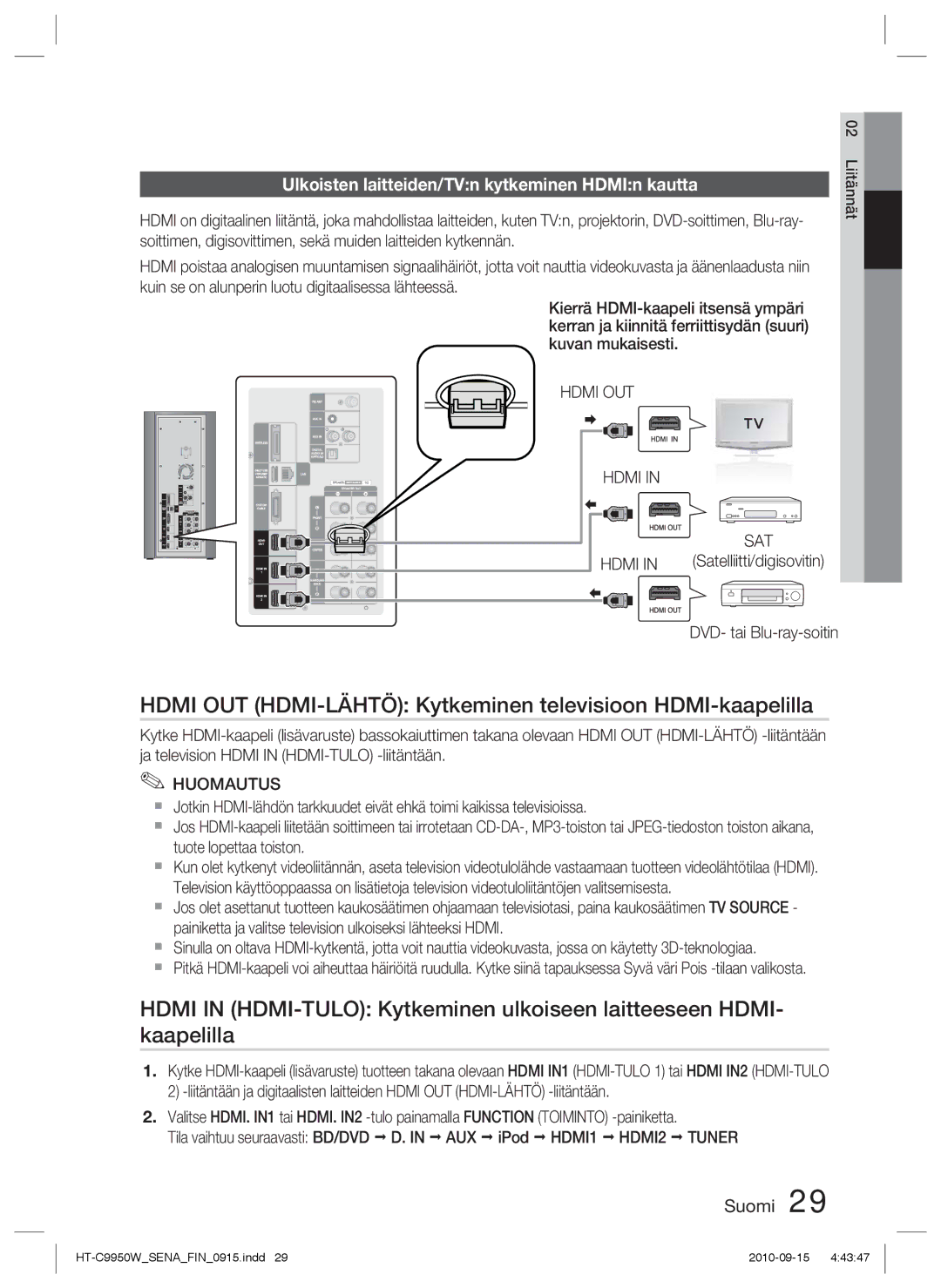 Samsung HT-C9950W/XEE, HT-C9950W/XEF manual Hdmi OUT HDMI-LÄHTÖ Kytkeminen televisioon HDMI-kaapelilla 