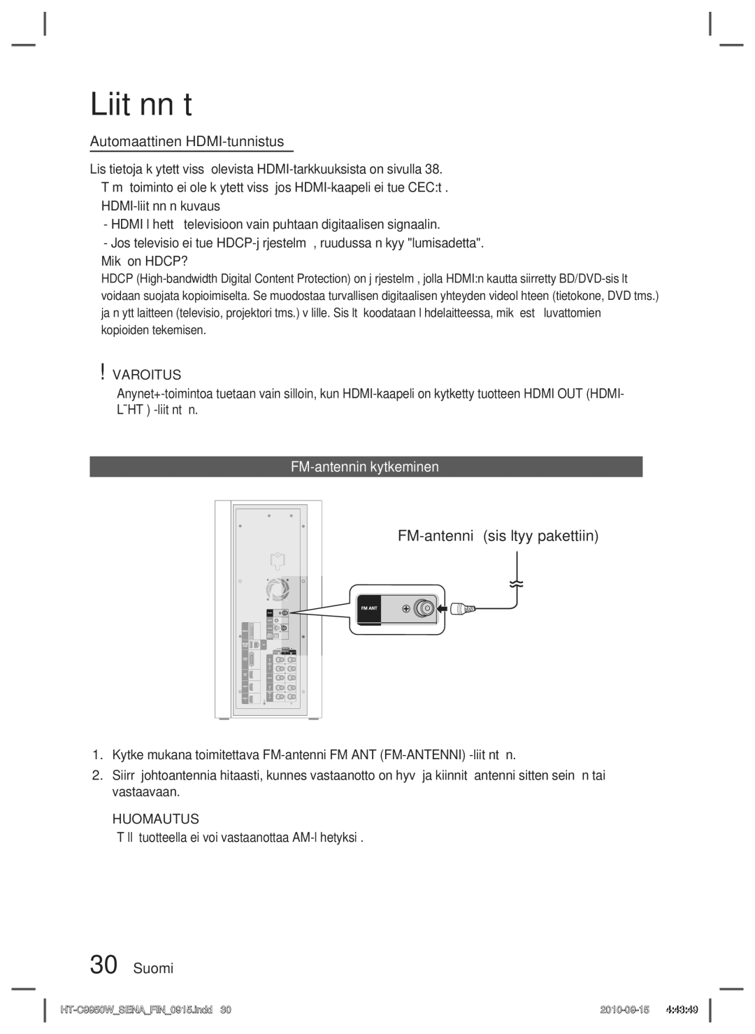 Samsung HT-C9950W/XEF, HT-C9950W/XEE manual Automaattinen HDMI-tunnistus, FM-antennin kytkeminen 