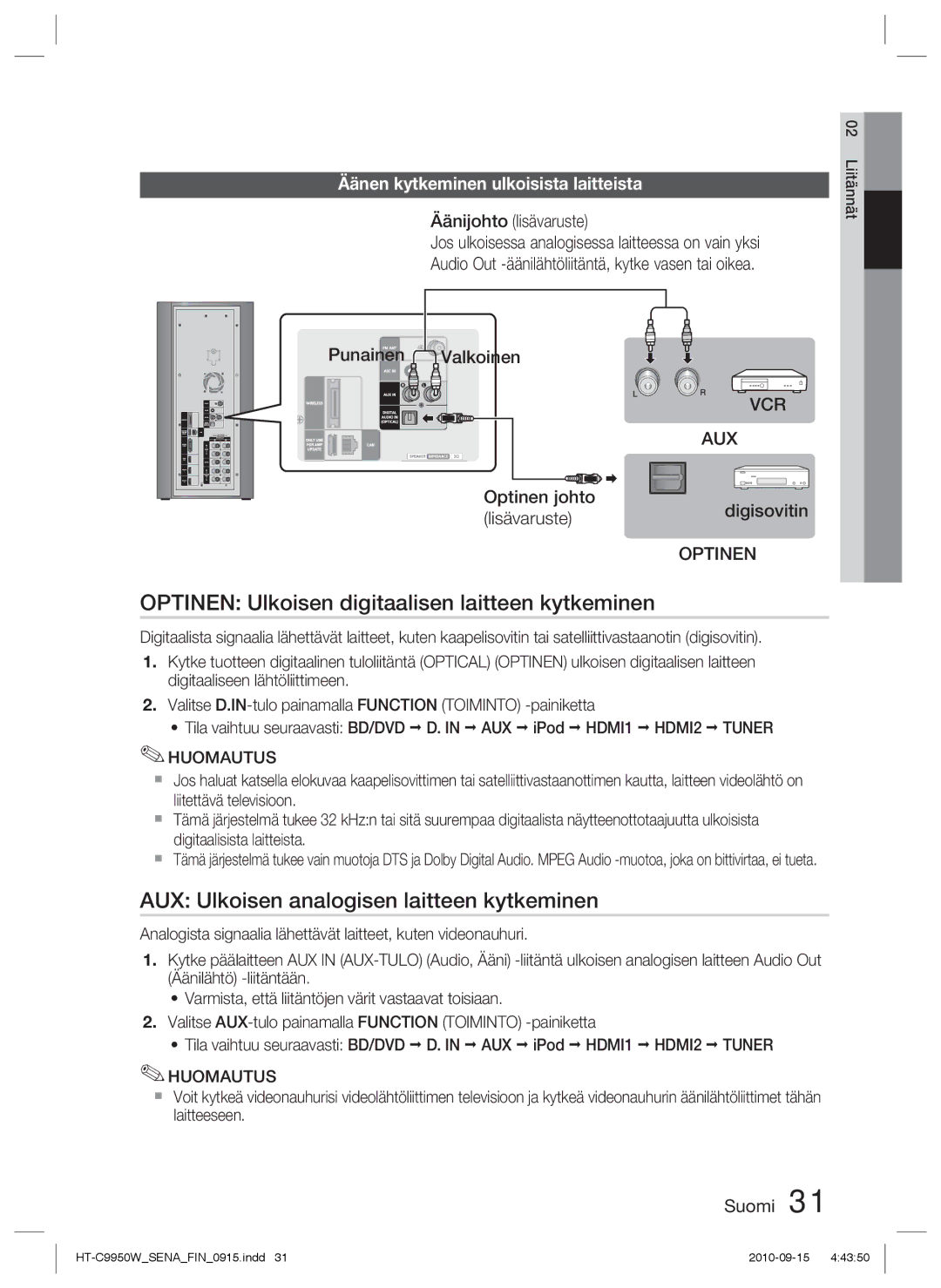 Samsung HT-C9950W/XEE manual Optinen Ulkoisen digitaalisen laitteen kytkeminen, AUX Ulkoisen analogisen laitteen kytkeminen 