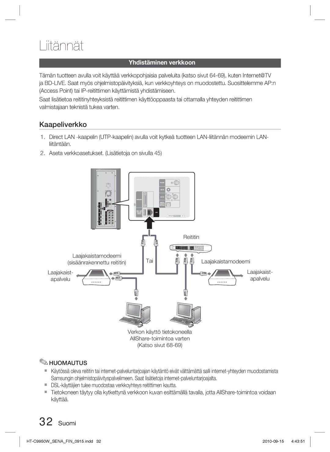 Samsung HT-C9950W/XEF, HT-C9950W/XEE manual Kaapeliverkko, Yhdistäminen verkkoon 