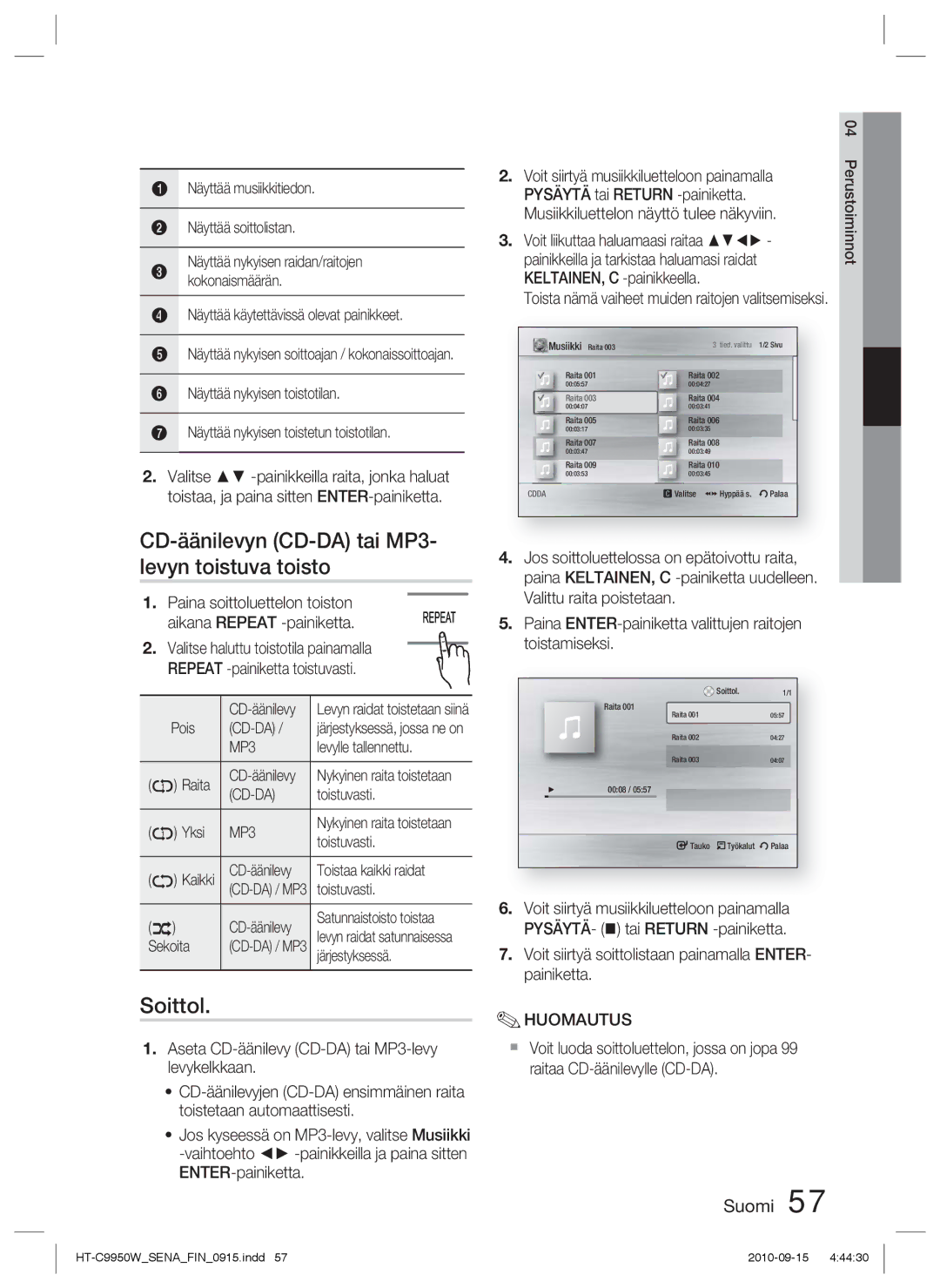 Samsung HT-C9950W/XEE, HT-C9950W/XEF manual CD-äänilevyn CD-DA tai MP3- levyn toistuva toisto, Soittol, Cd-Da 