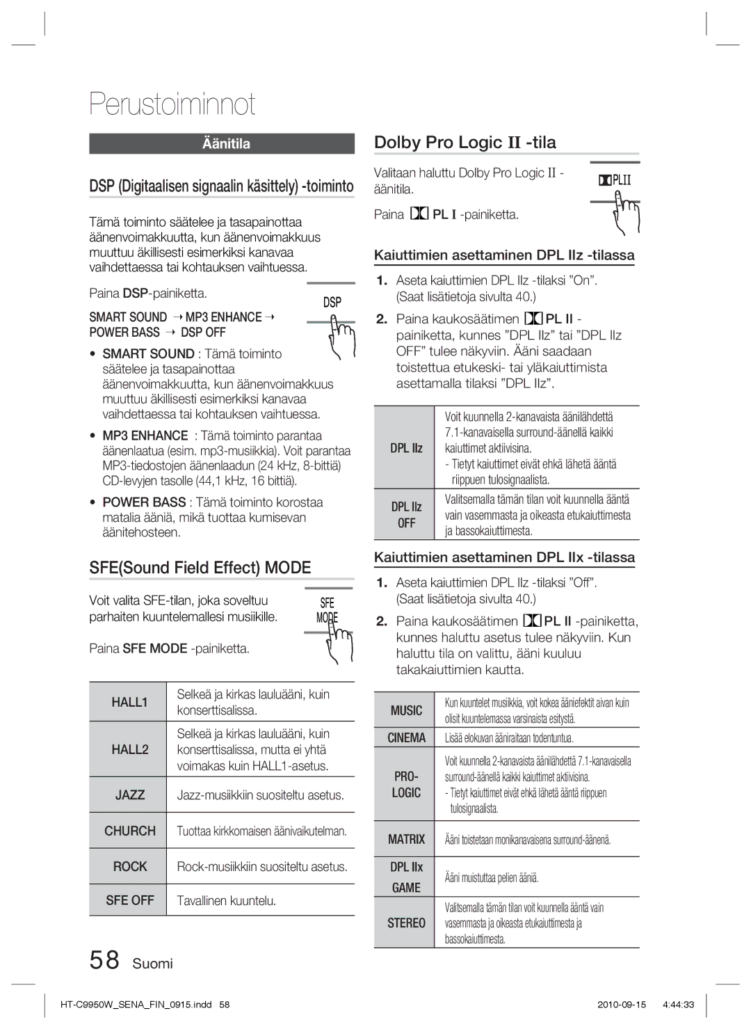 Samsung HT-C9950W/XEF, HT-C9950W/XEE manual Dolby Pro Logic II -tila, SFESound Field Effect Mode, Äänitila 