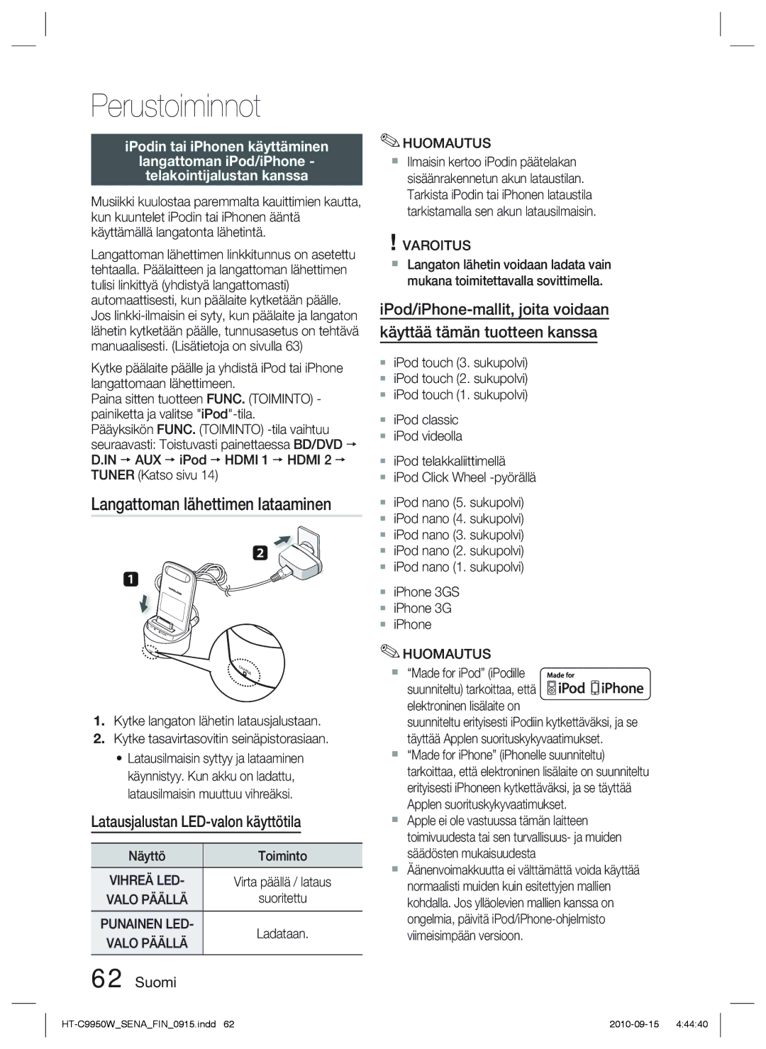 Samsung HT-C9950W/XEF, HT-C9950W/XEE manual Langattoman lähettimen lataaminen, Näyttö Toiminto, Punainen LED 