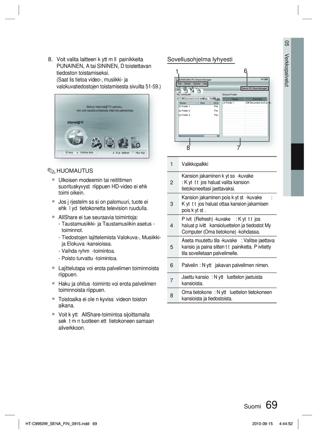 Samsung HT-C9950W/XEE, HT-C9950W/XEF manual Sovellusohjelma lyhyesti, Valikkopalkki Kansion jakaminen käytössä -kuvake 