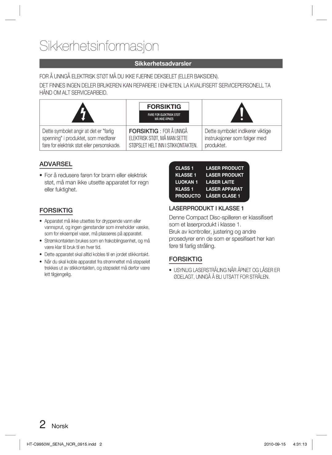 Samsung HT-C9950W/XEF Sikkerhetsinformasjon, Sikkerhetsadvarsler, Norsk, Forsiktig for Å Unngå, Laserprodukt I Klasse 