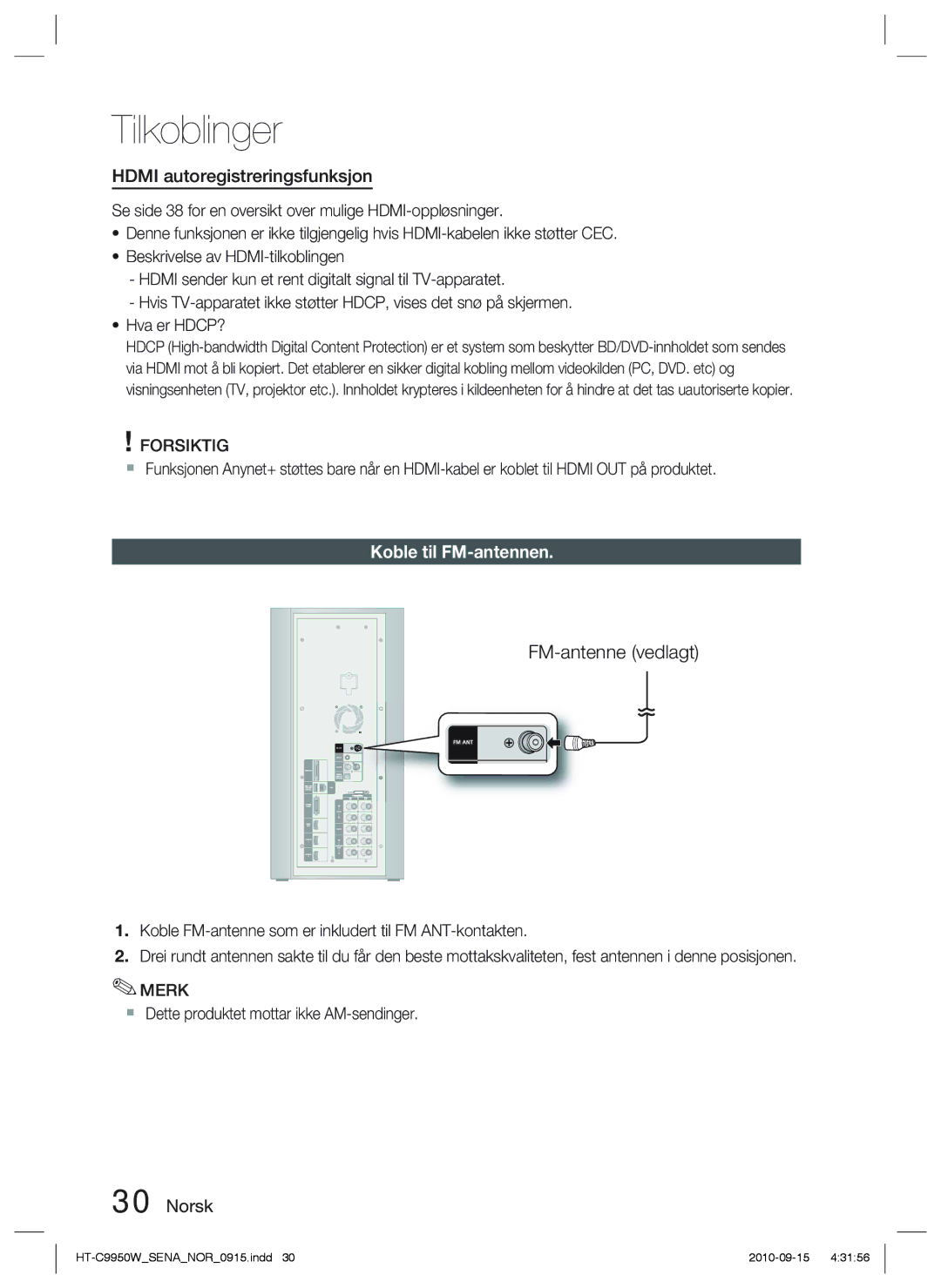 Samsung HT-C9950W/XEF, HT-C9950W/XEE manual FM-antenne vedlagt, Hdmi autoregistreringsfunksjon, Koble til FM-antennen 