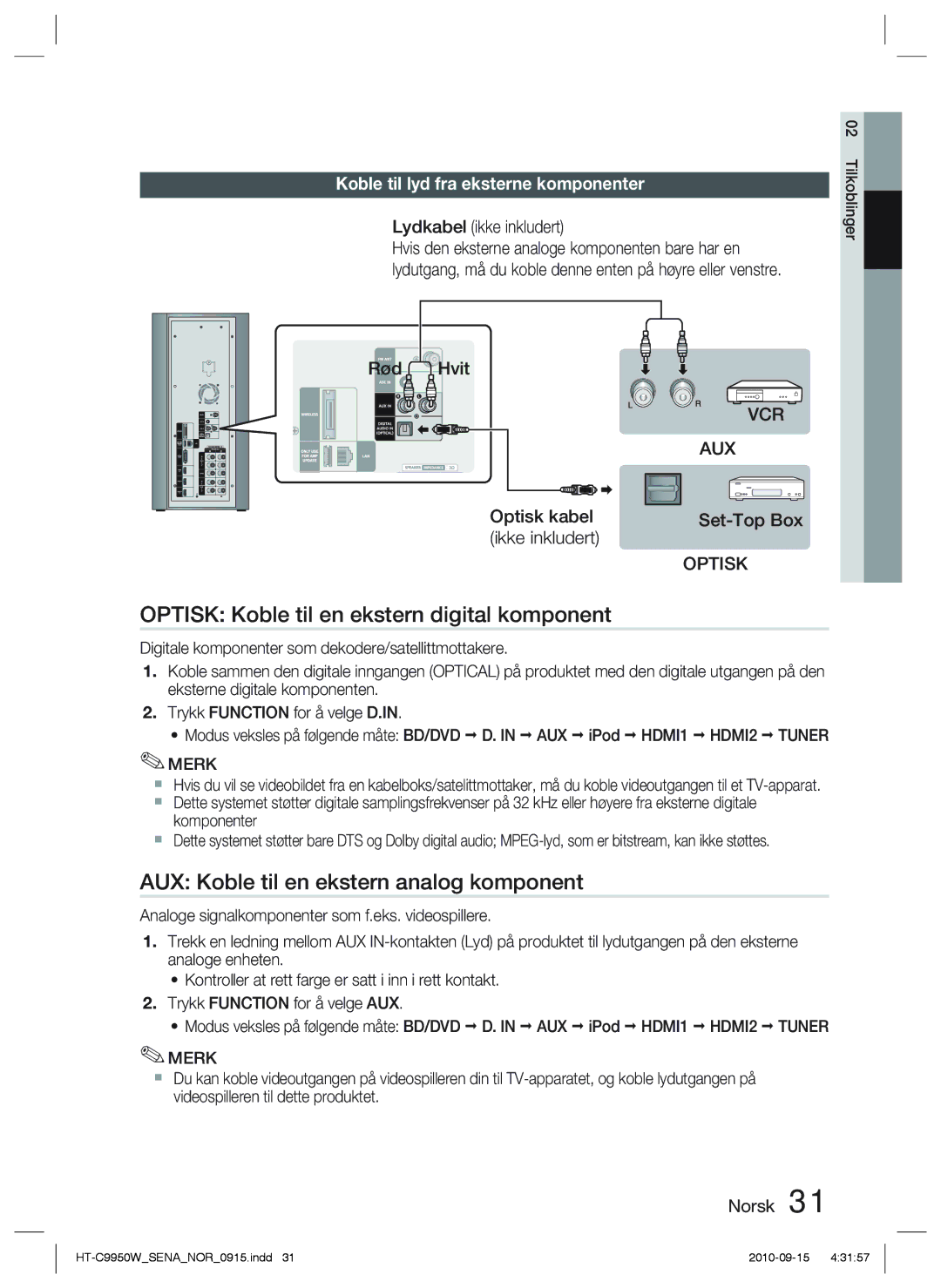 Samsung HT-C9950W/XEE manual Optisk Koble til en ekstern digital komponent, AUX Koble til en ekstern analog komponent 