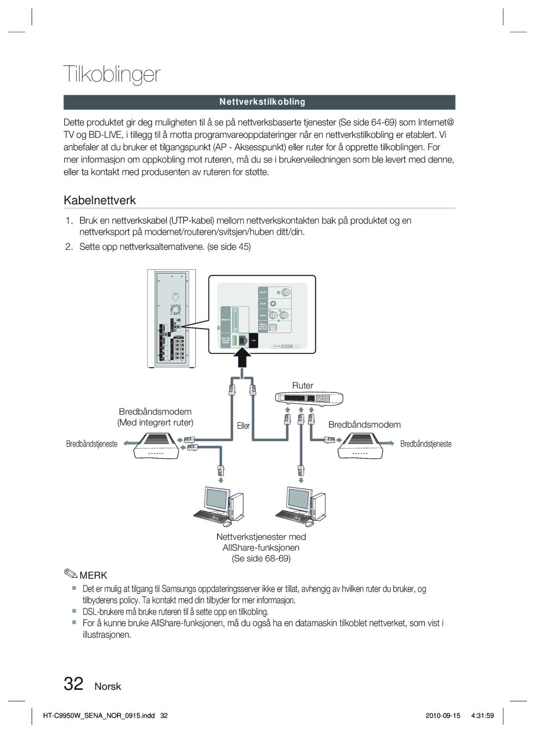 Samsung HT-C9950W/XEF, HT-C9950W/XEE manual Kabelnettverk, Nettverkstilkobling 