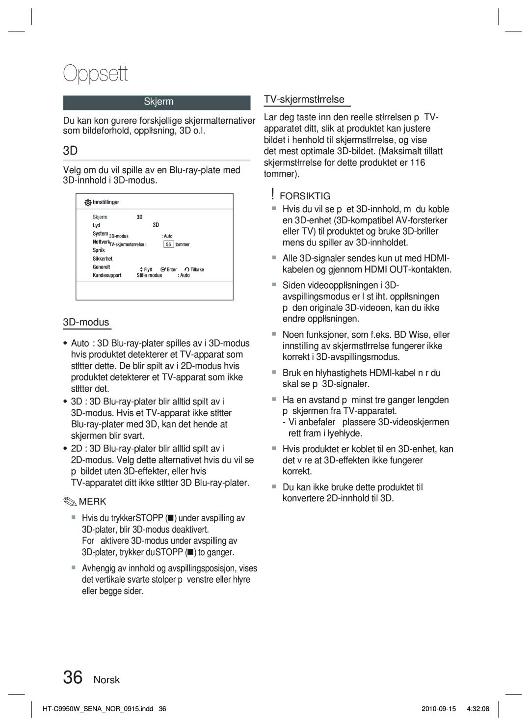 Samsung HT-C9950W/XEF, HT-C9950W/XEE manual Skjerm, 3D-modus, Norsk TV-skjermstørrelse 