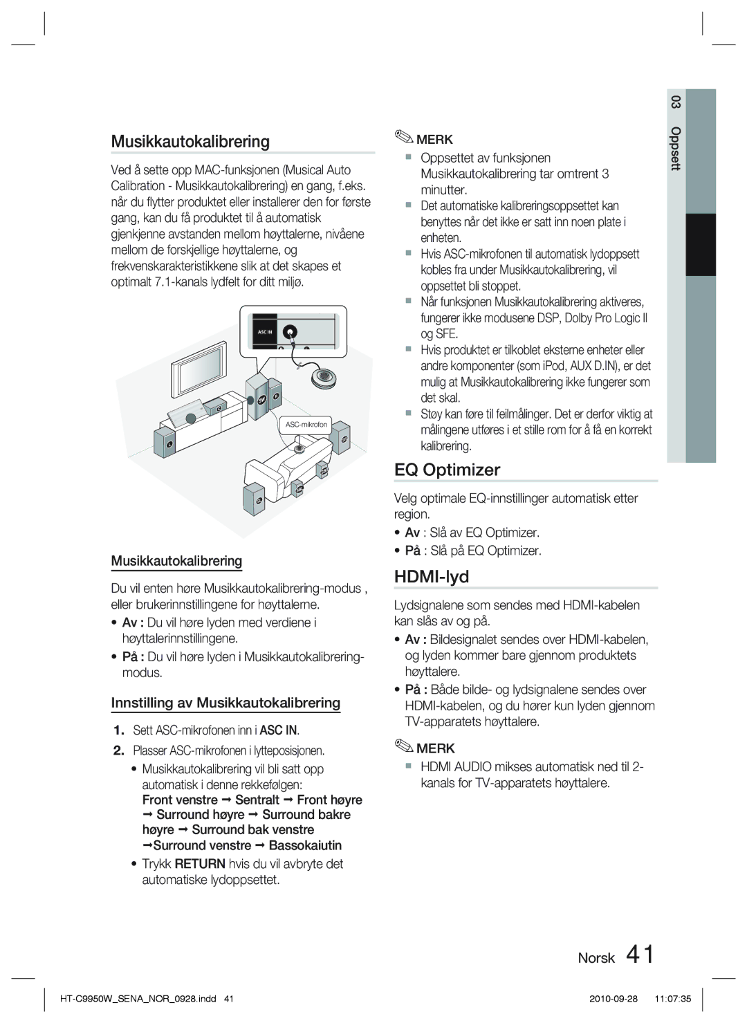 Samsung HT-C9950W/XEE, HT-C9950W/XEF manual EQ Optimizer, HDMI-lyd, Innstilling av Musikkautokalibrering 