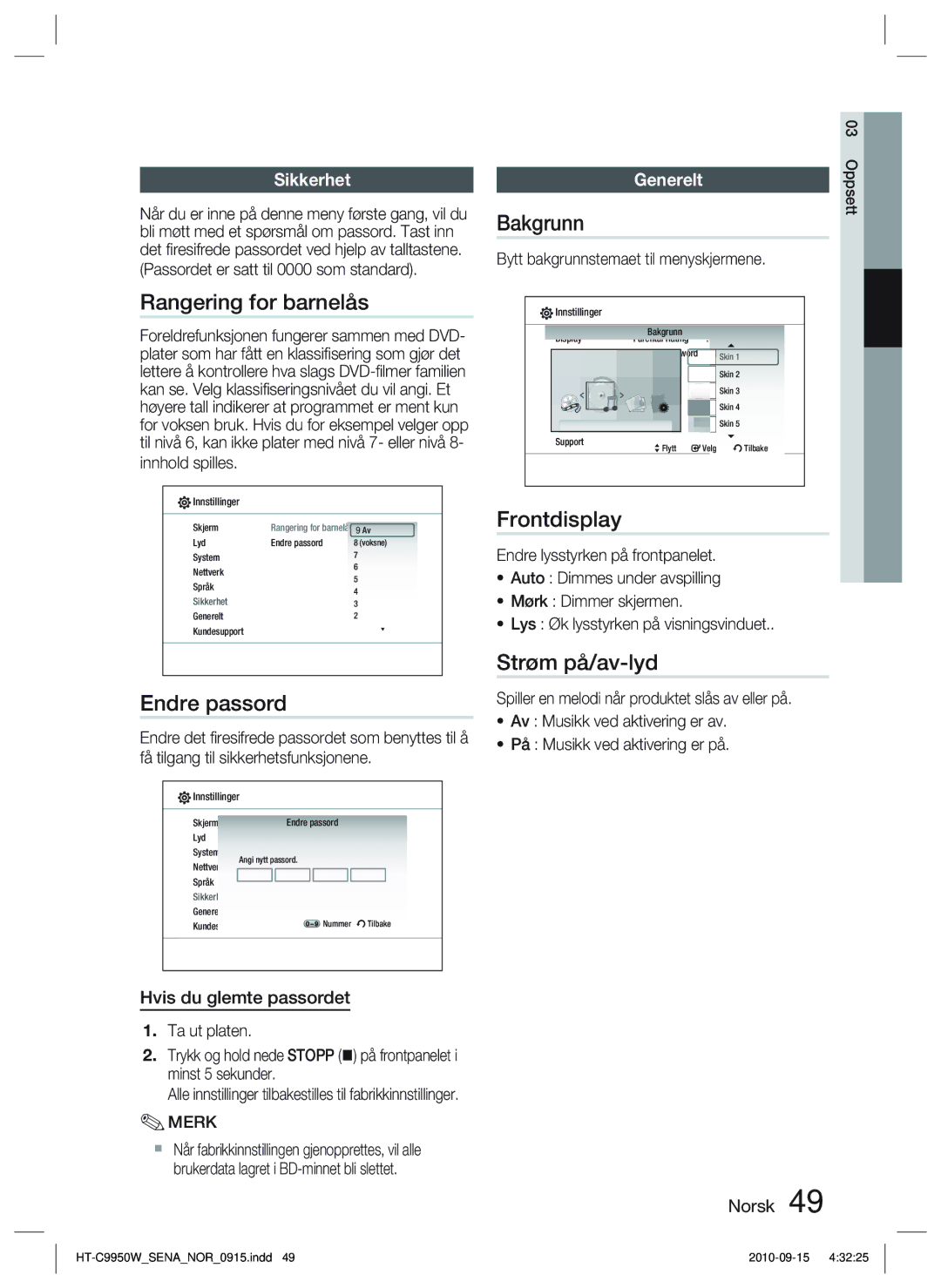 Samsung HT-C9950W/XEE, HT-C9950W/XEF manual Rangering for barnelås, Bakgrunn, Frontdisplay, Endre passord, Strøm på/av-lyd 