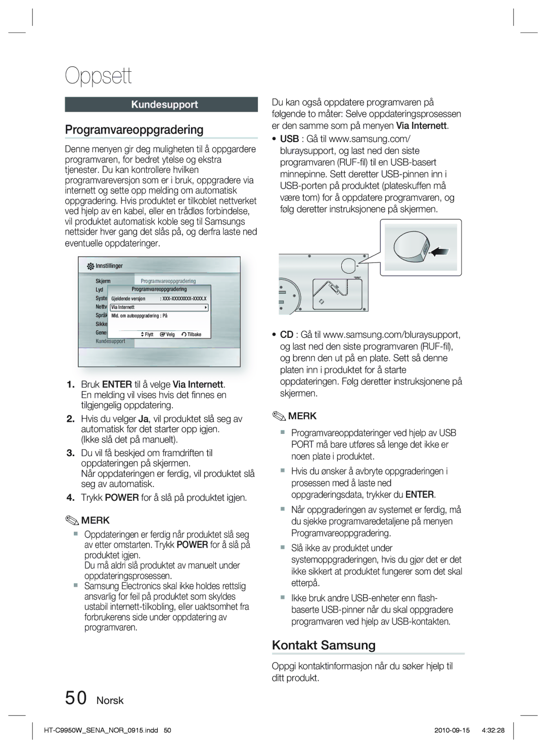 Samsung HT-C9950W/XEF, HT-C9950W/XEE manual Programvareoppgradering, Kontakt Samsung, Kundesupport 