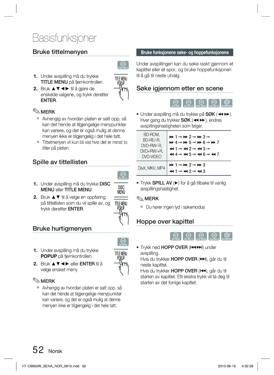 Samsung HT-C9950W/XEF manual Bruke tittelmenyen, Spille av tittellisten, Bruke hurtigmenyen, Søke igjennom etter en scene 