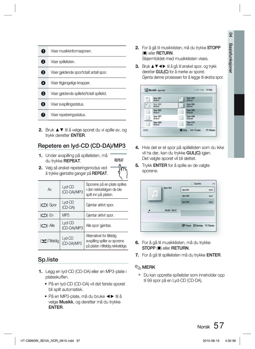 Samsung HT-C9950W/XEE, HT-C9950W/XEF manual Repetere en lyd-CD CD-DA/MP3, Sp.liste, Cd-Da 