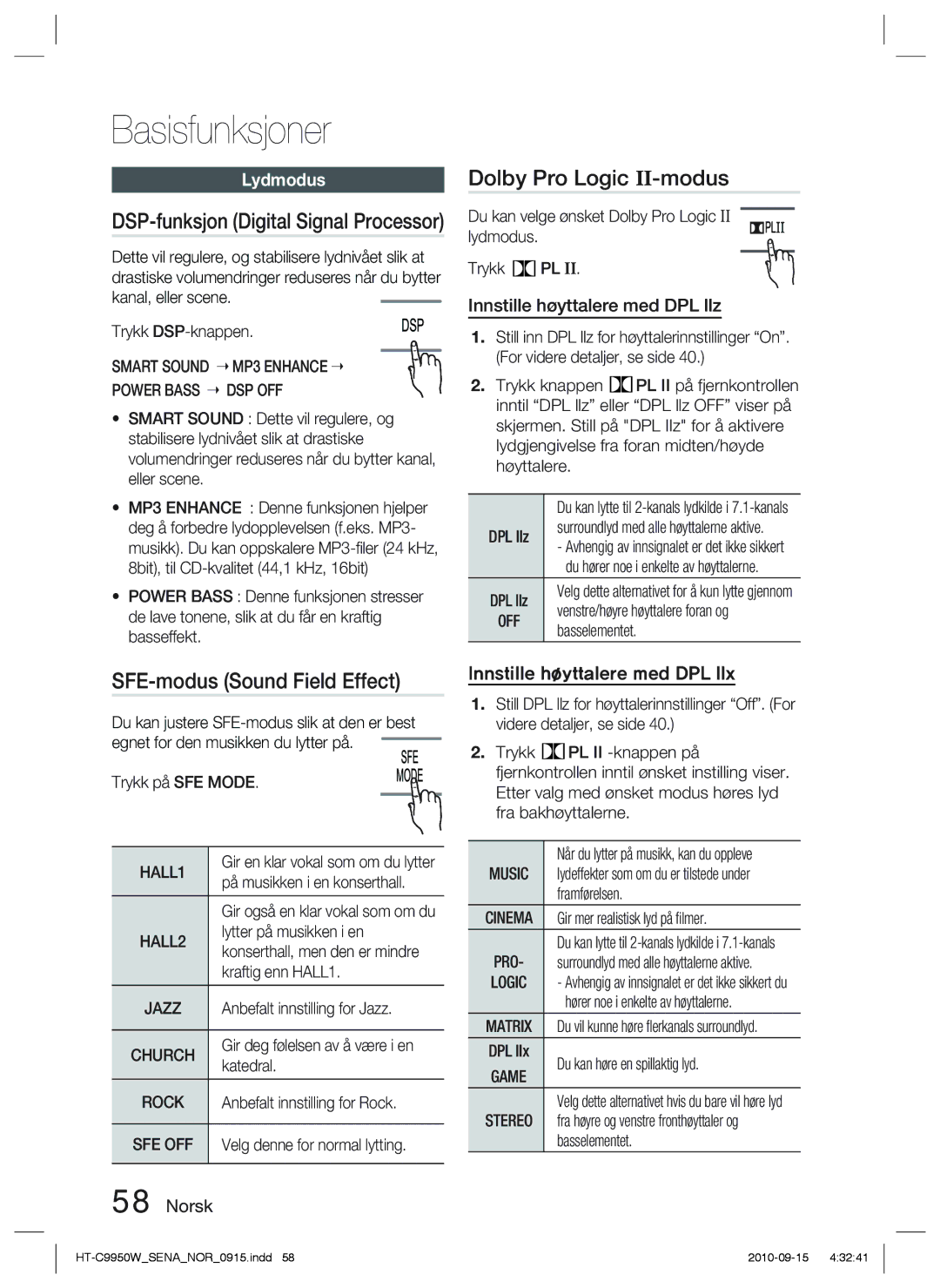 Samsung HT-C9950W/XEF manual Dolby Pro Logic II-modus, SFE-modus Sound Field Effect, DSP-funksjon Digital Signal Processor 