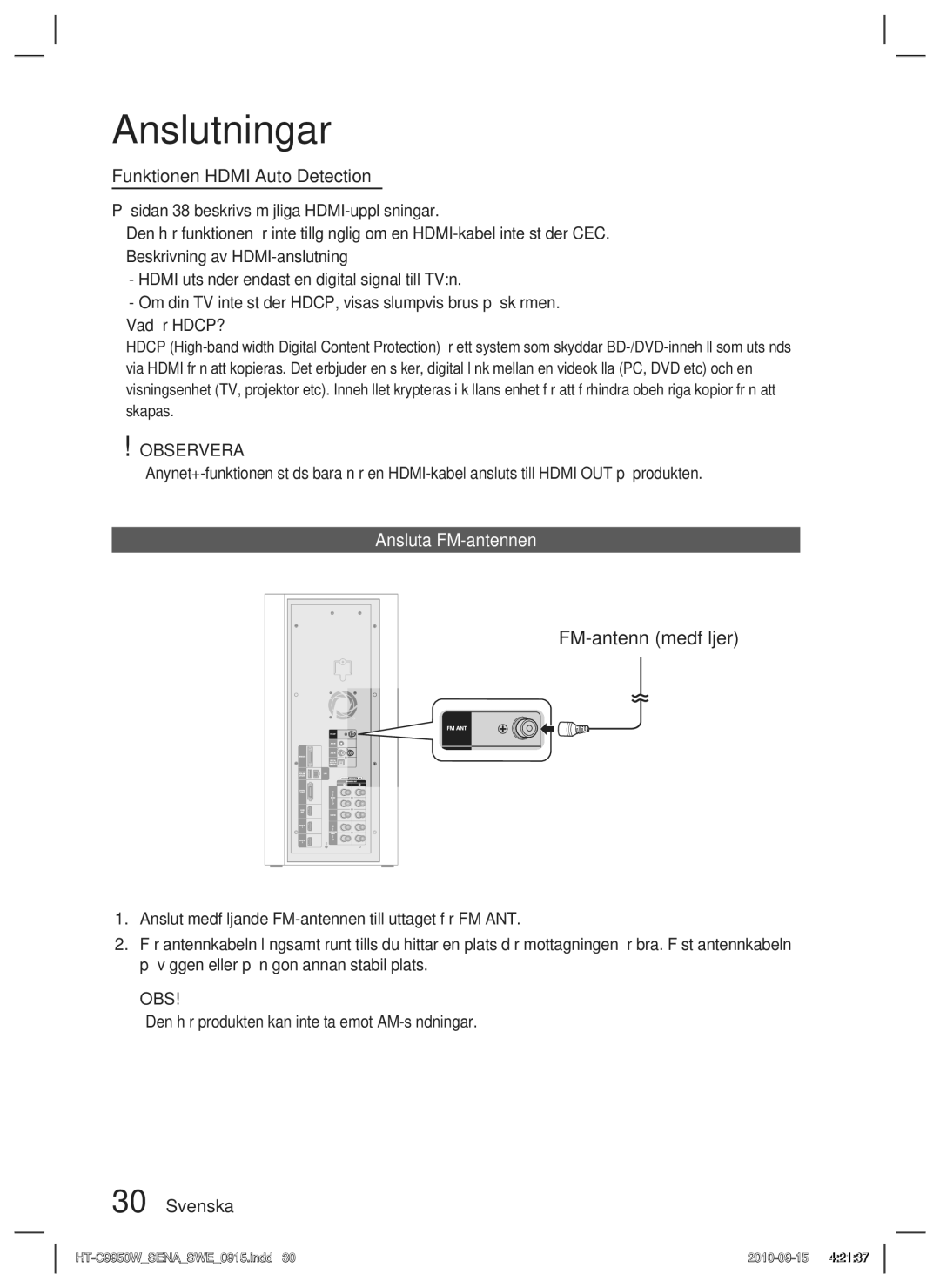 Samsung HT-C9950W/XEF, HT-C9950W/XEE manual Funktionen Hdmi Auto Detection, Ansluta FM-antennen 