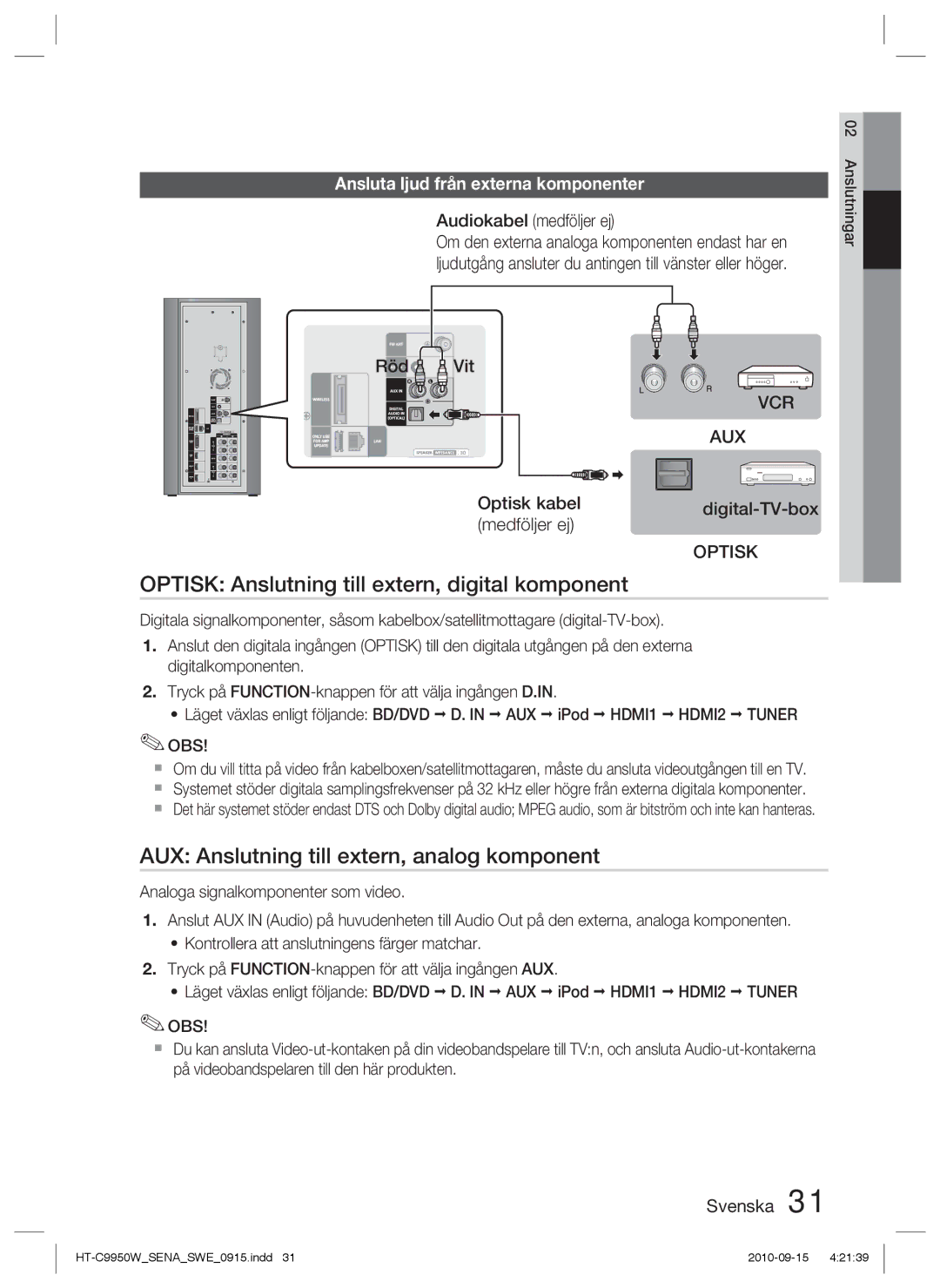 Samsung HT-C9950W/XEE manual Optisk Anslutning till extern, digital komponent, AUX Anslutning till extern, analog komponent 