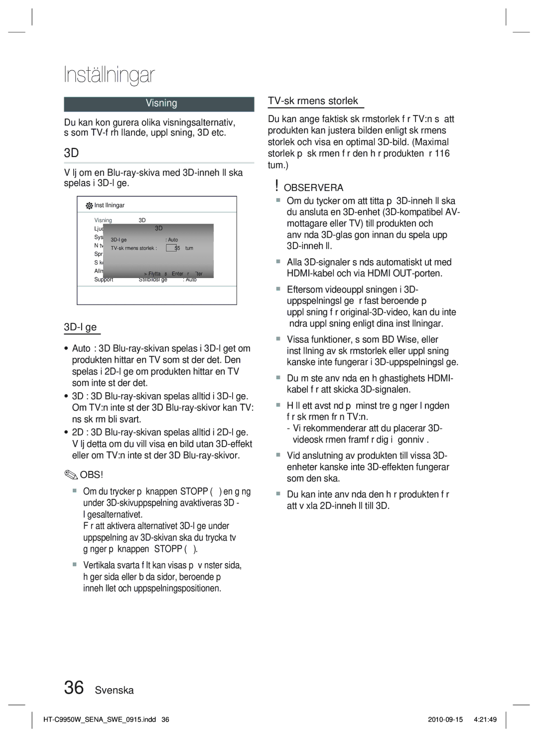 Samsung HT-C9950W/XEF, HT-C9950W/XEE manual Visning, 3D-läge, Svenska TV-skärmens storlek 