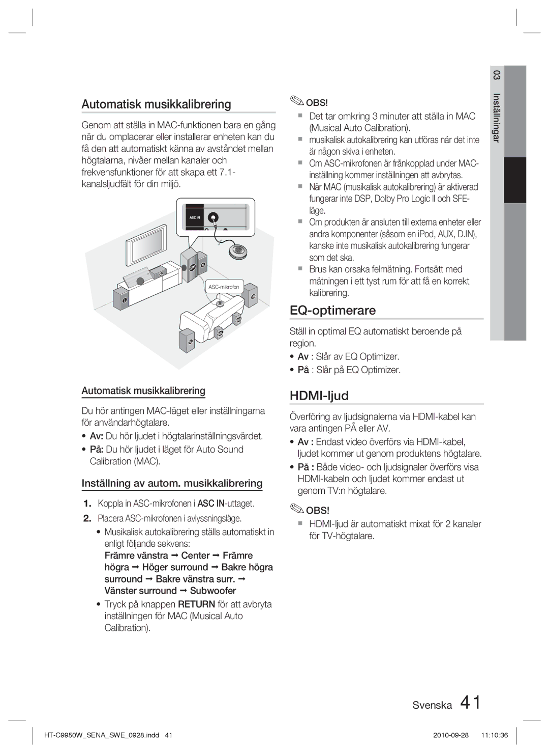 Samsung HT-C9950W/XEE manual Automatisk musikkalibrering, EQ-optimerare, HDMI-ljud, Inställning av autom. musikkalibrering 