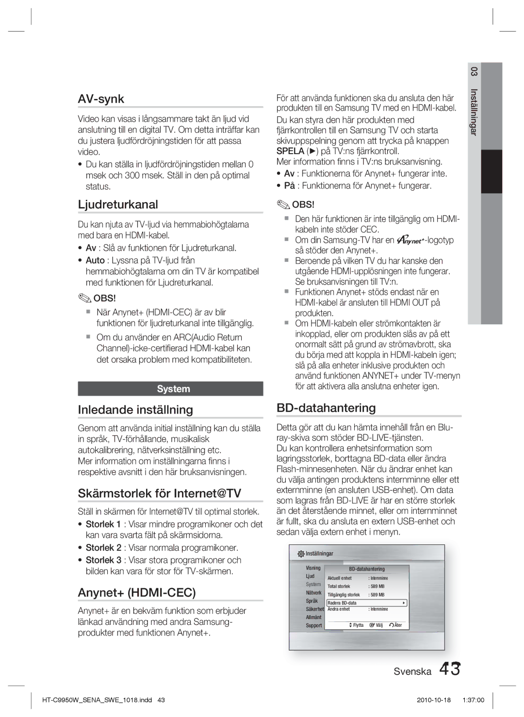 Samsung HT-C9950W/XEE manual AV-synk, Ljudreturkanal, Inledande inställning, Skärmstorlek för Internet@TV, Anynet+ HDMI-CEC 