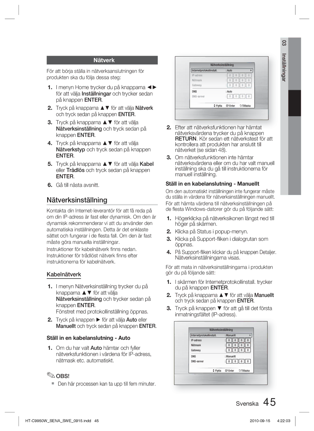 Samsung HT-C9950W/XEE manual Nätverksinställning, Kabelnätverk, Gå till nästa avsnitt, Klicka på Status i popup-menyn 