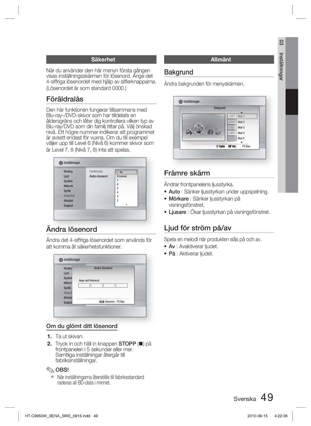 Samsung HT-C9950W/XEE, HT-C9950W/XEF manual Föräldralås, Ändra lösenord, Bakgrund, Främre skärm, Ljud för ström på/av 