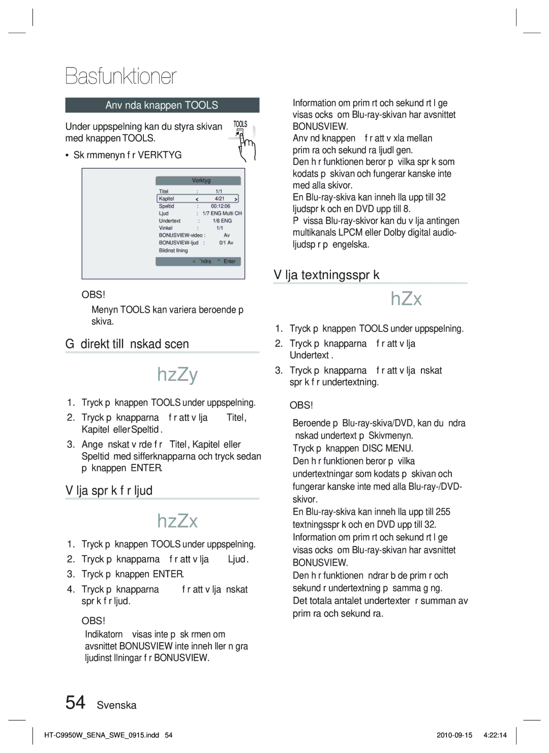 Samsung HT-C9950W/XEF manual Gå direkt till önskad scen, Välja språk för ljud, Välja textningsspråk, Använda knappen Tools 