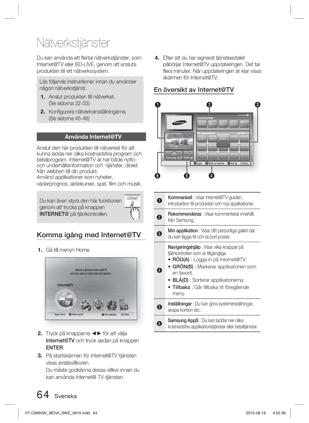 Samsung HT-C9950W/XEF manual Nätverkstjänster, Komma igång med Internet@TV, Använda Internet@TV, Gå till menyn Home 