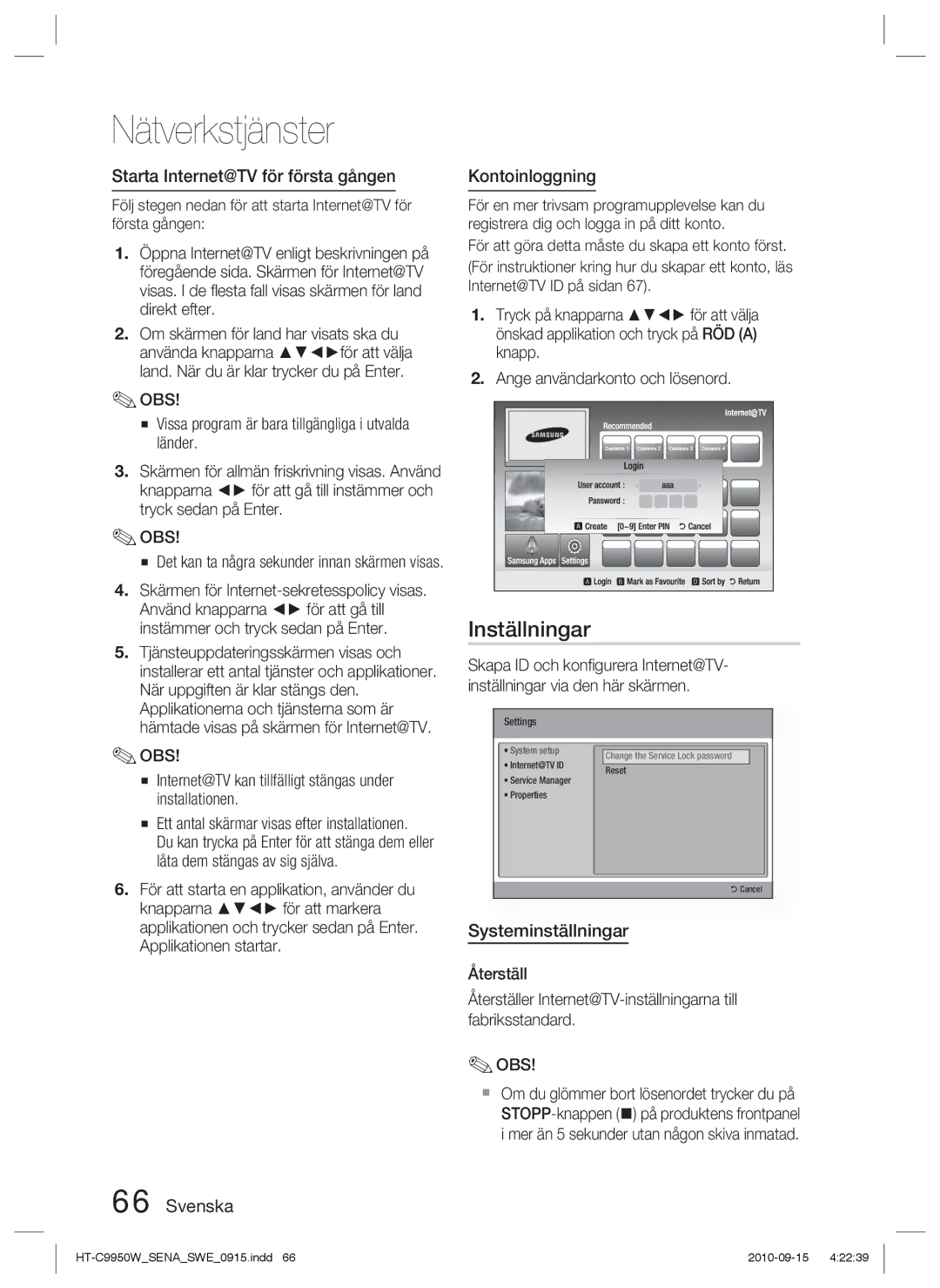 Samsung HT-C9950W/XEF, HT-C9950W/XEE Starta Internet@TV för första gången, Svenska Kontoinloggning, Systeminställningar 