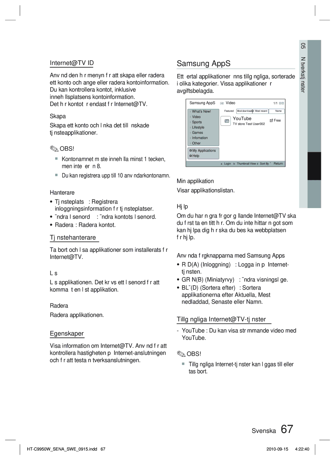 Samsung HT-C9950W/XEE manual Samsung AppS, Internet@TV ID, Tjänstehanterare, Egenskaper, Tillgängliga Internet@TV-tjänster 