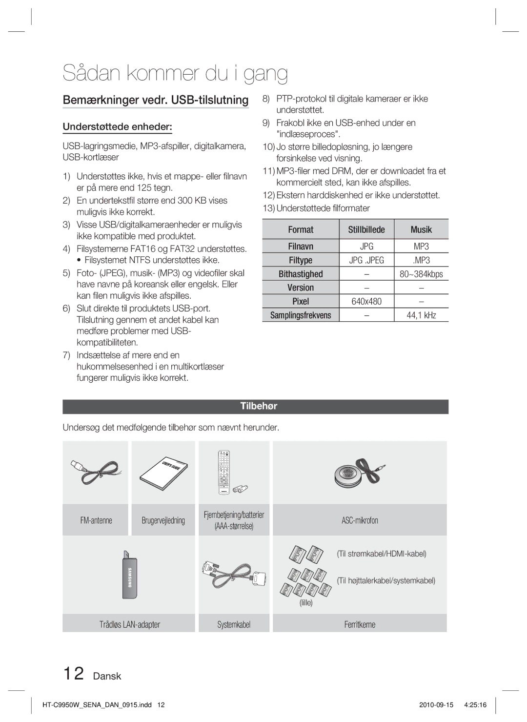 Samsung HT-C9950W/XEF, HT-C9950W/XEE manual Bemærkninger vedr. USB-tilslutning, Understøttede enheder, Tilbehør 