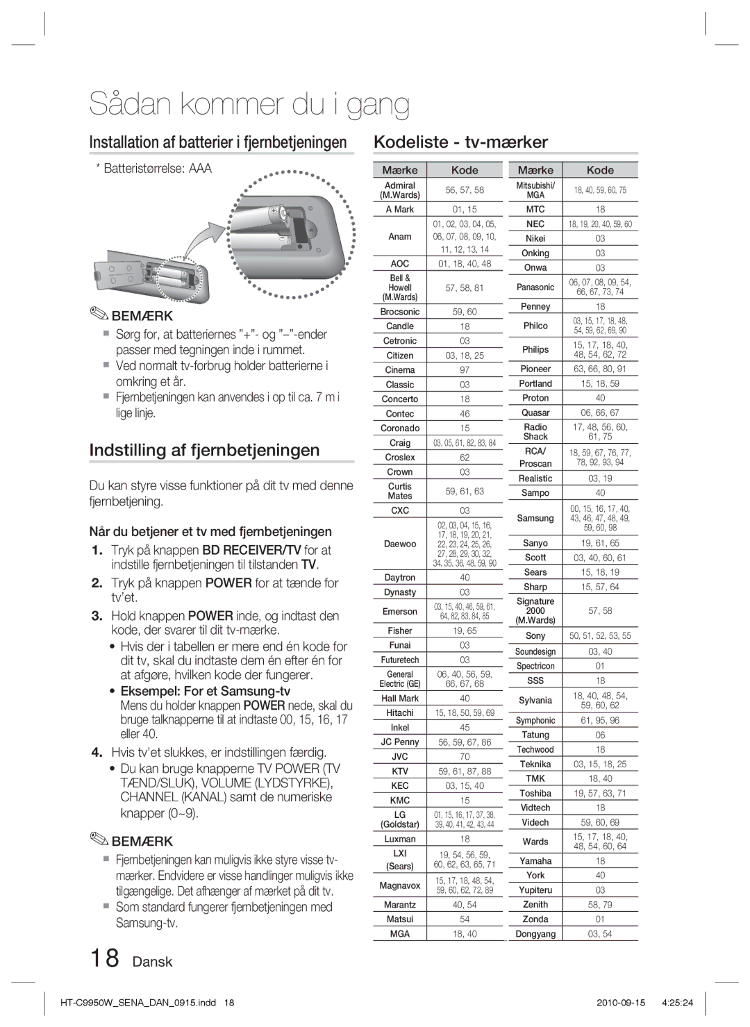 Samsung HT-C9950W/XEF, HT-C9950W/XEE manual Kodeliste tv-mærker, Indstilling af fjernbetjeningen, Batteristørrelse AAA 
