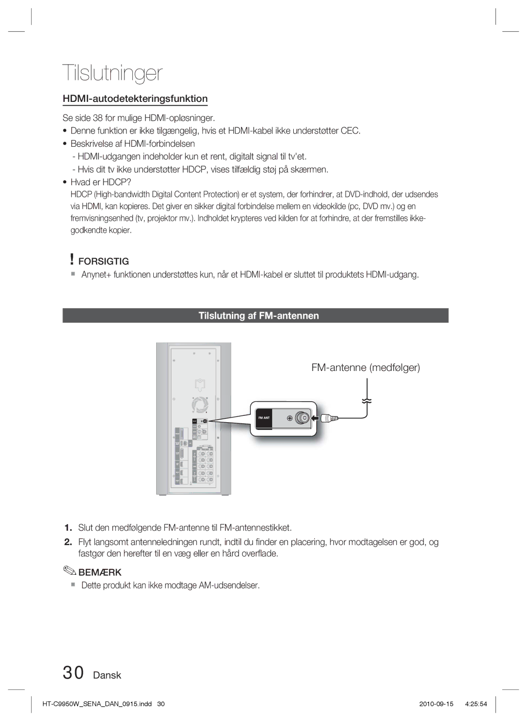 Samsung HT-C9950W/XEF, HT-C9950W/XEE manual HDMI-autodetekteringsfunktion, Tilslutning af FM-antennen 