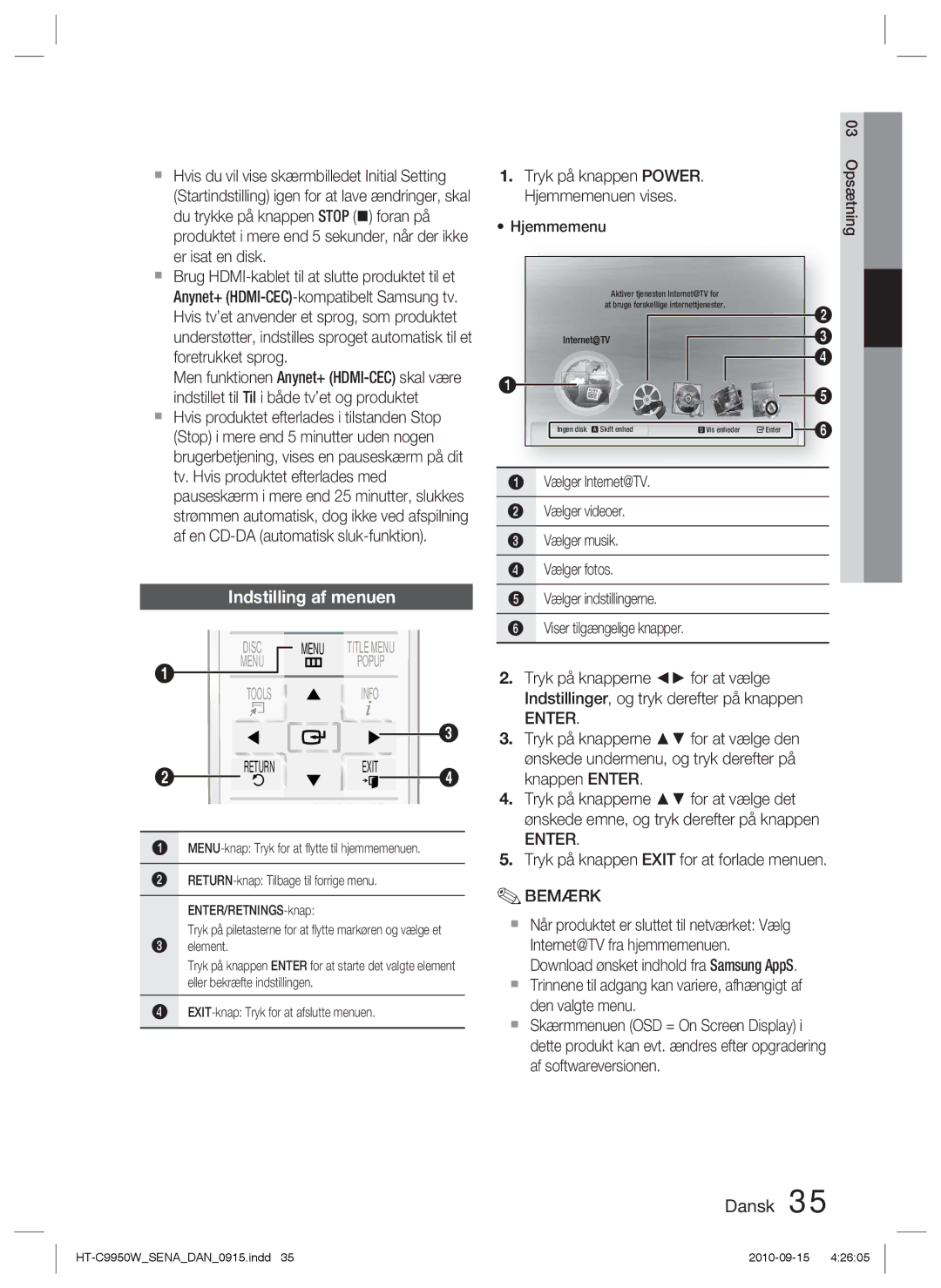 Samsung HT-C9950W/XEE, HT-C9950W/XEF manual Indstilling af menuen, Enter, Tryk på knappen Exit for at forlade menuen 