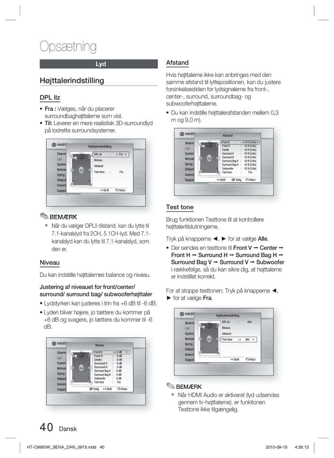 Samsung HT-C9950W/XEF, HT-C9950W/XEE manual Højttalerindstilling, Lyd 