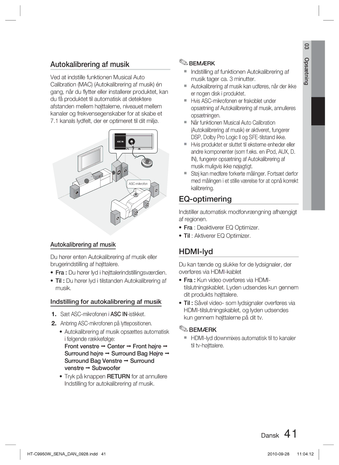 Samsung HT-C9950W/XEE manual Autokalibrering af musik, EQ-optimering, HDMI-lyd, Indstilling for autokalibrering af musik 