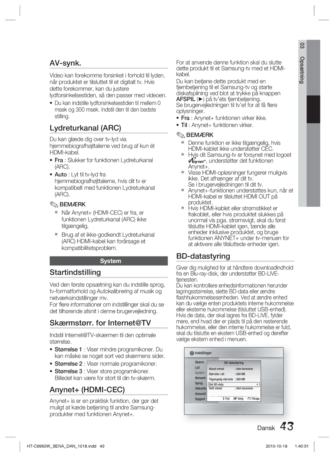 Samsung HT-C9950W/XEE manual AV-synk, Lydreturkanal ARC, Startindstilling, Skærmstørr. for Internet@TV, Anynet+ HDMI-CEC 