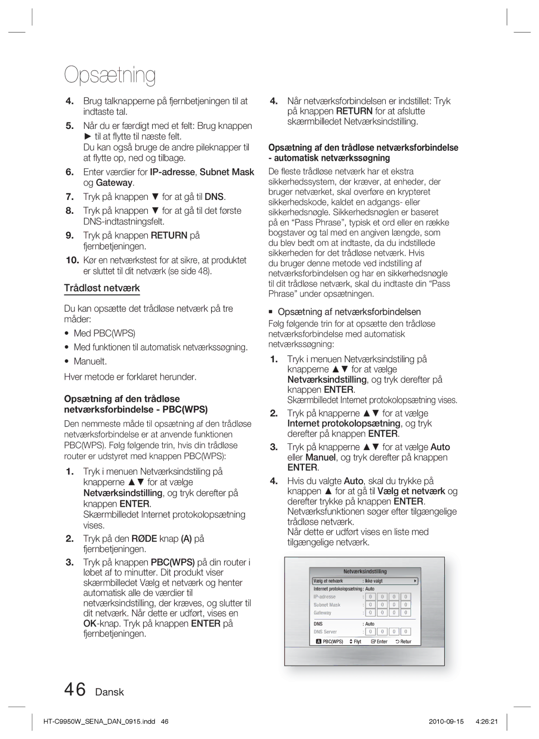 Samsung HT-C9950W/XEF, HT-C9950W/XEE manual Trådløst netværk, Opsætning af den trådløse netværksforbindelse Pbcwps 