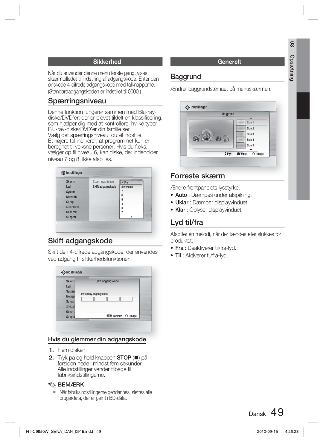 Samsung HT-C9950W/XEE, HT-C9950W/XEF manual Spærringsniveau, Skift adgangskode, Baggrund, Forreste skærm, Lyd til/fra 