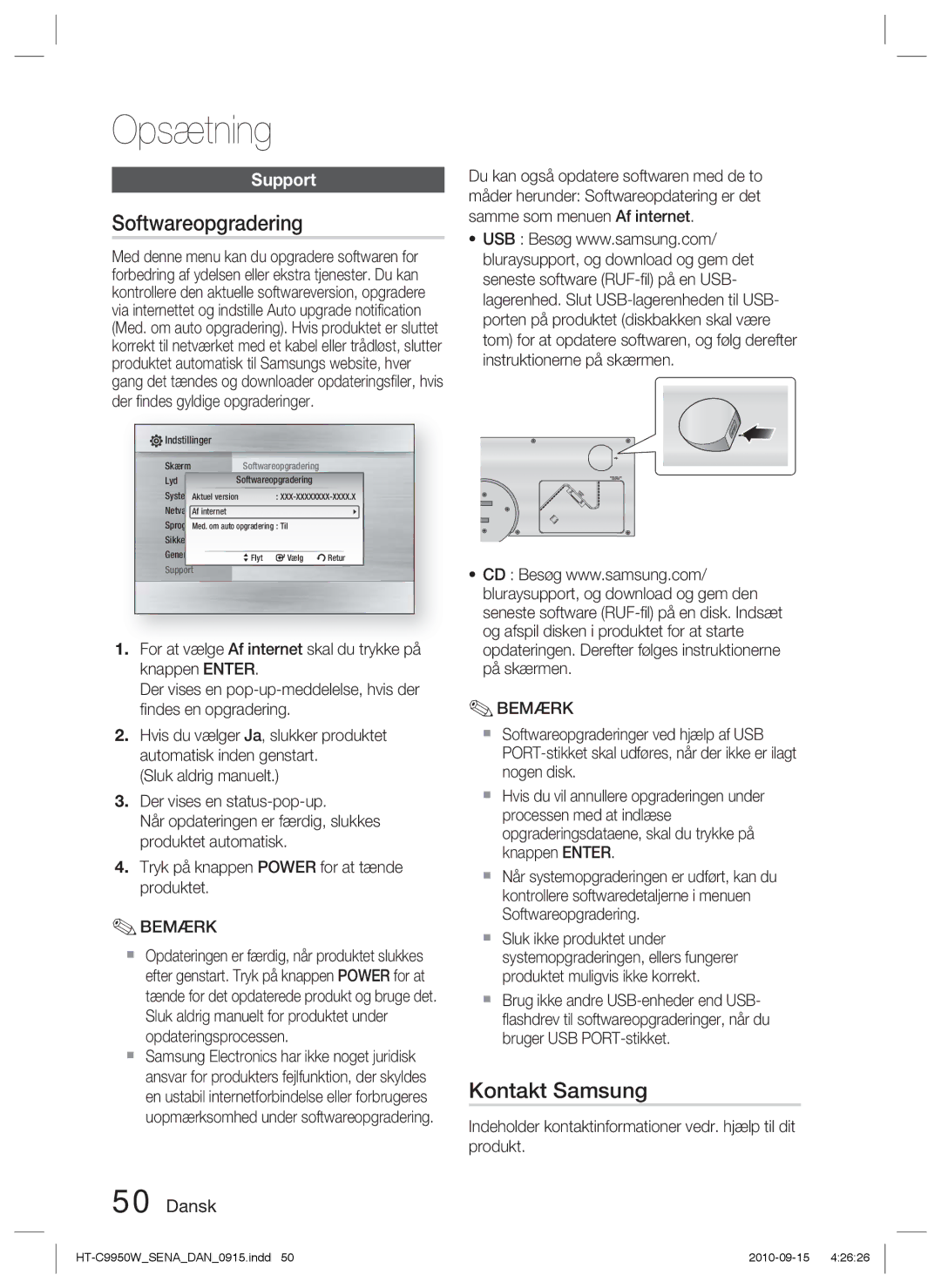 Samsung HT-C9950W/XEF, HT-C9950W/XEE manual Softwareopgradering, Kontakt Samsung, Support 