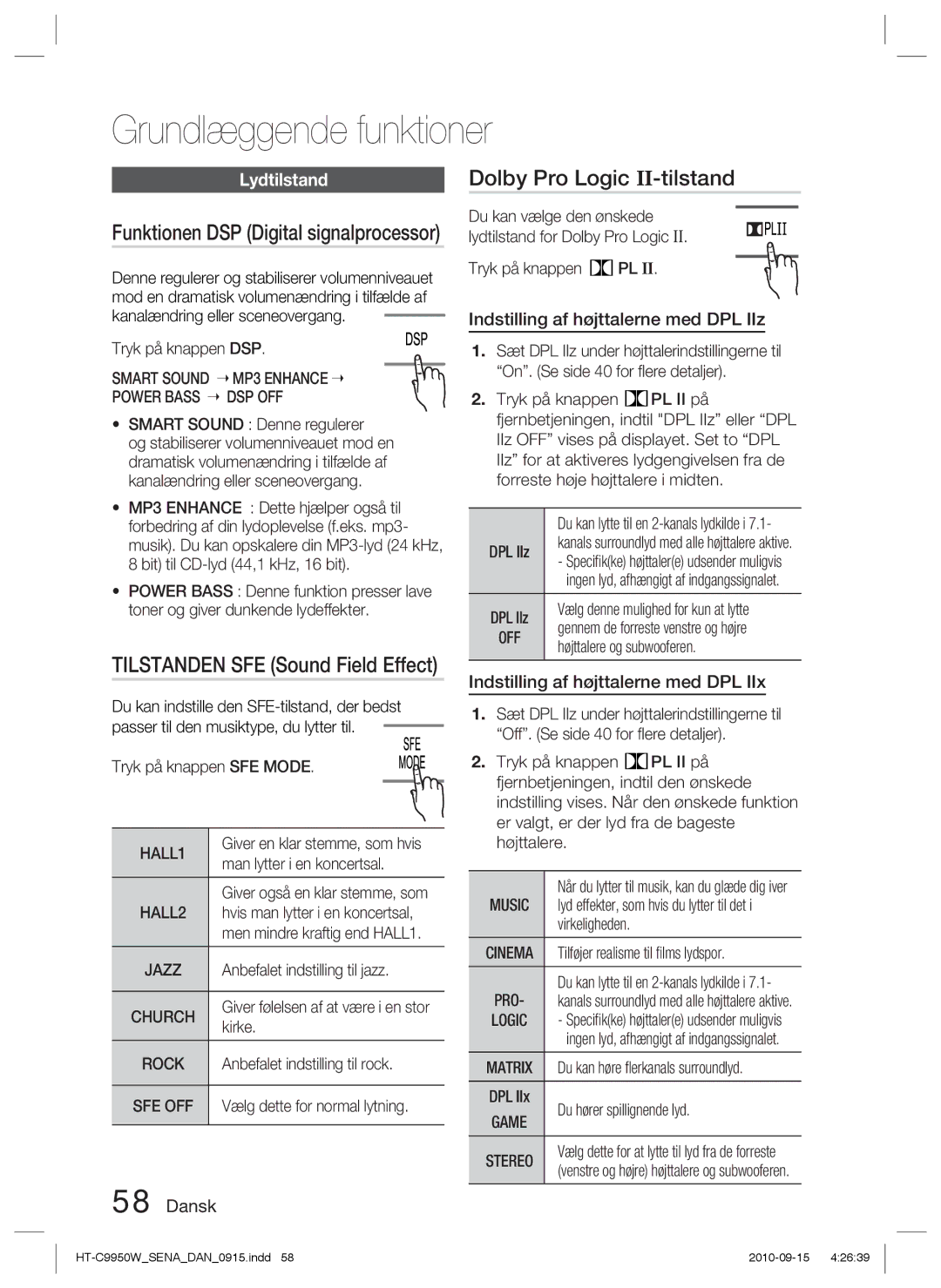 Samsung HT-C9950W/XEF, HT-C9950W/XEE manual Dolby Pro Logic II-tilstand, Lydtilstand, Indstilling af højttalerne med DPL IIz 