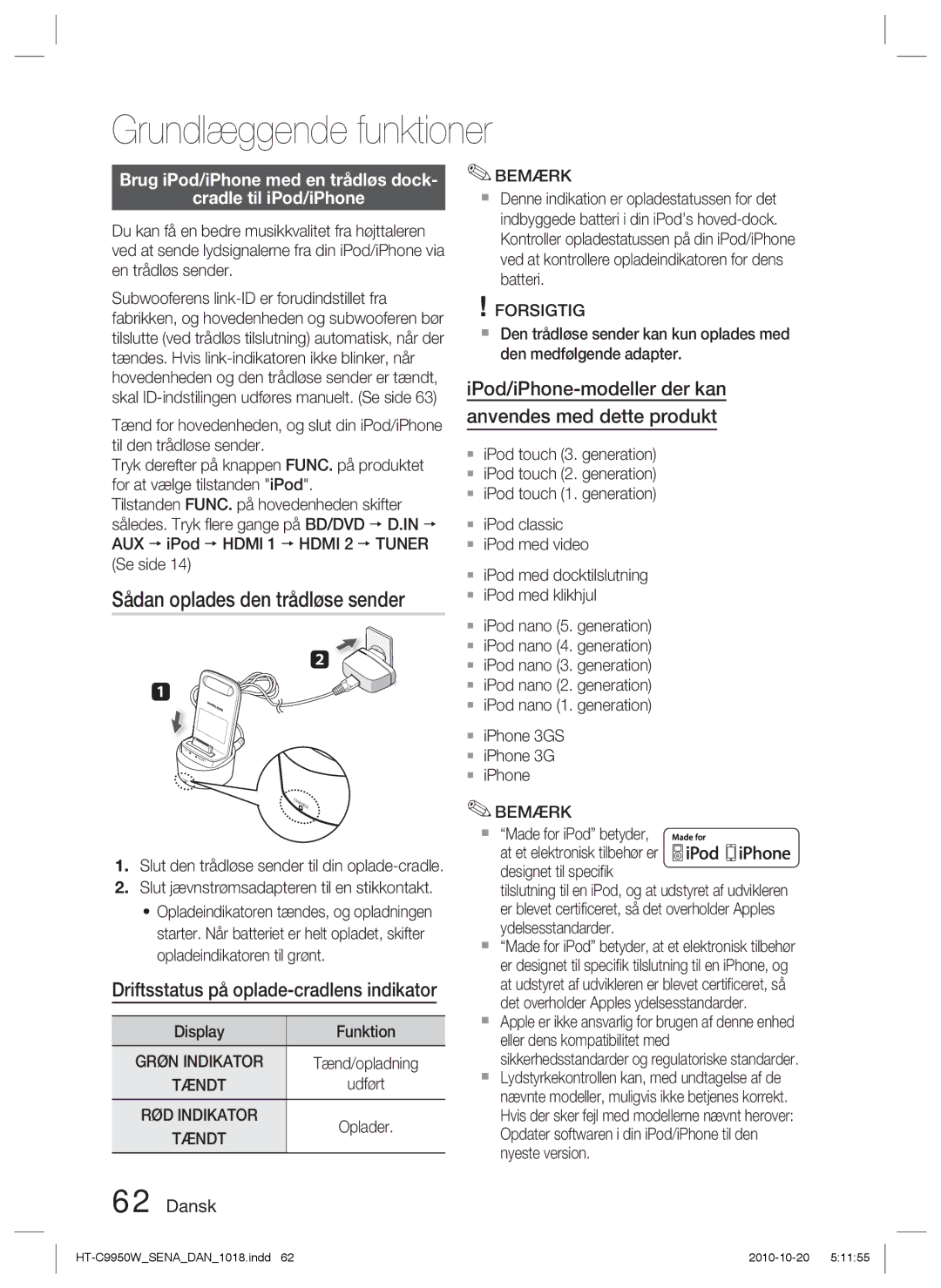 Samsung HT-C9950W/XEF manual Sådan oplades den trådløse sender, Brug iPod/iPhone med en trådløs dock Cradle til iPod/iPhone 