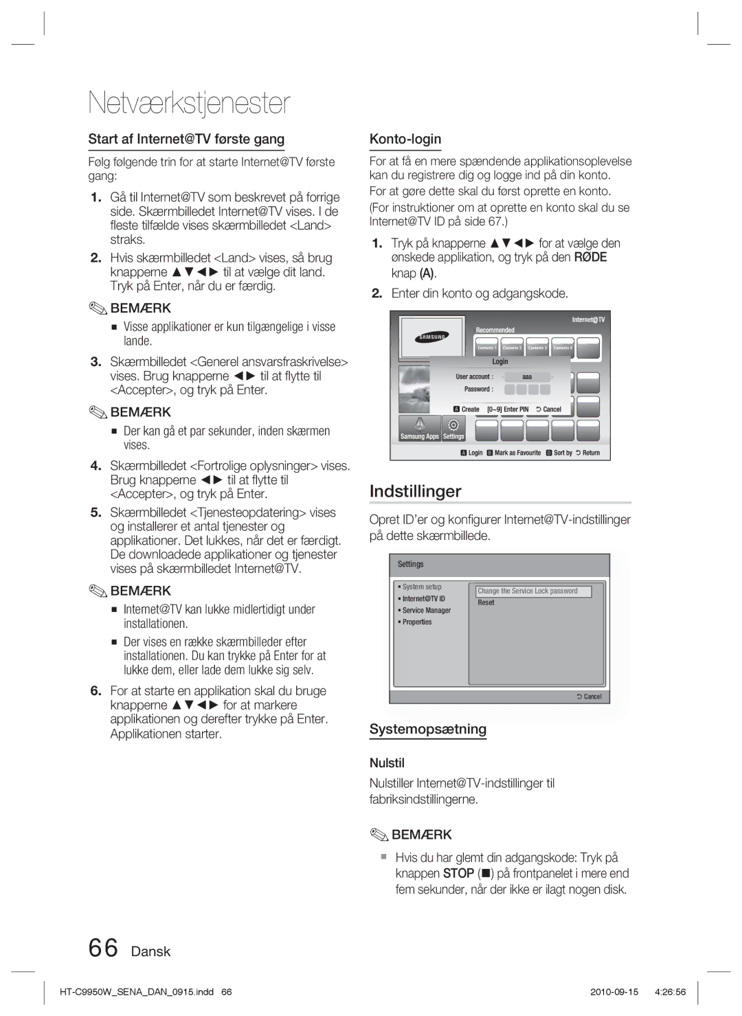 Samsung HT-C9950W/XEF, HT-C9950W/XEE manual Indstillinger, Start af Internet@TV første gang, Konto-login, Systemopsætning 