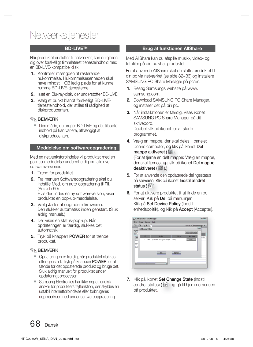 Samsung HT-C9950W/XEF, HT-C9950W/XEE manual Bd-Live, Meddelelse om softwareopgradering 