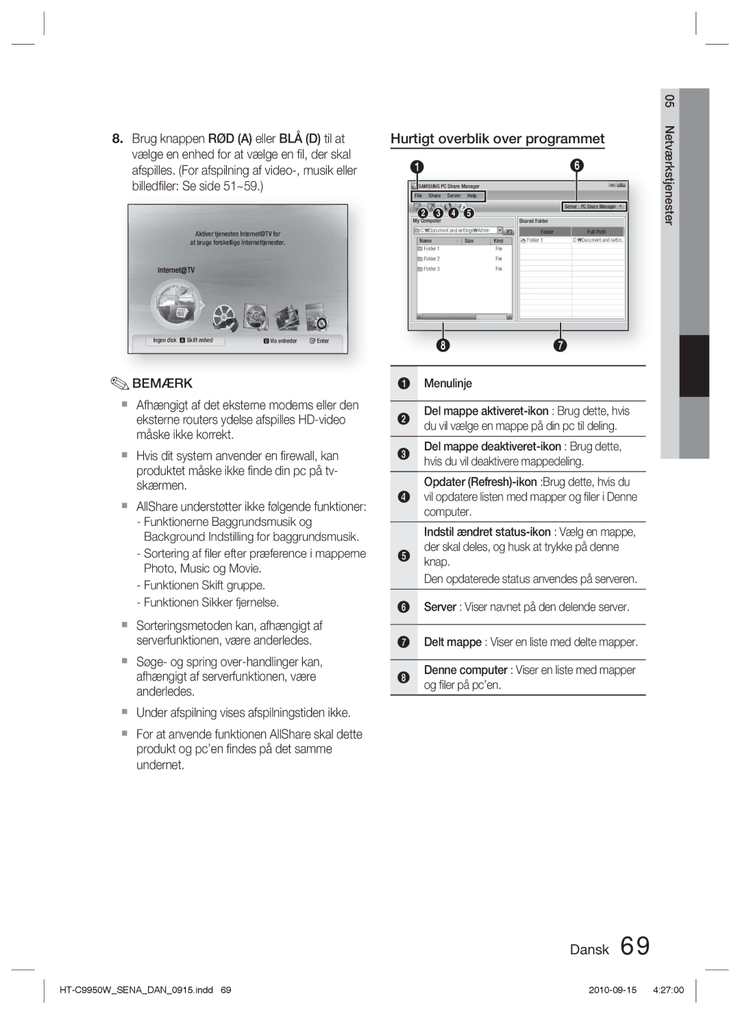 Samsung HT-C9950W/XEE Hurtigt overblik over programmet, Menulinje, Vil opdatere listen med mapper og ﬁler i Denne computer 